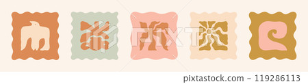 Boho Summer Beach Illustration Set. Geometric Bird, Sun, Seashell, Wave and Flower Pot. Vector Abstract Square Tropical Icons in Freehand Groovy Style for Logo, Print, Pattern, Poster, Web Design Boho Summer Beach Illustration Set. Geometric Bird, Sun, Seashell, Wave and Flower Pot. Vector Abstract Square Tropical Icons in Freehand Groovy Style for Logo, Print, Pattern, Poster, Web Design 119286113