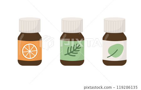 Aroma oil bottles set in cartoon flat style. Fir, orange, eucalyptus oil. Aromatherapy. Vector illustration 119286135