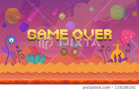 Game Over text in pixel art style with alien landscape and outer space background. Two buttons below with Play Again prompt. Ideal for video games, pixel art, retro themes, sci-fi, outer space 119286192