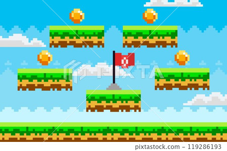 Pixel art scene with floating platforms, a red flag on the center platform, and scattered gold coins. Ideal for video games, arcade design, retro themes, game development, and digital art. Colourful 119286193