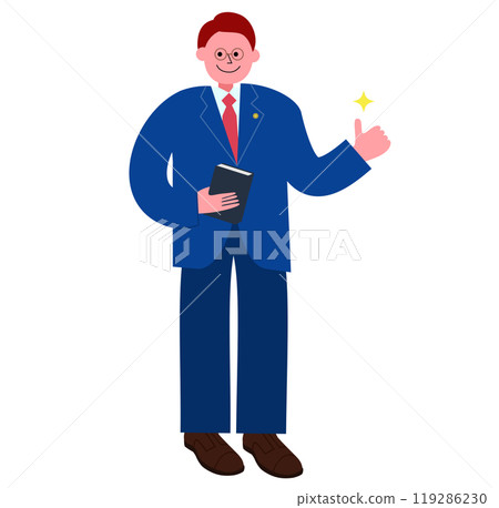 A full-body illustration of a male lawyer holding a collection of articles (Roppo Zensho) giving a thumbs up 119286230