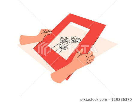 Selection of design for the poster. Bright mat for a minimalistic illustration. Craftworker in framing workshop. Flat vector illustration Selection of design for the poster. Bright mat for a minimalistic illustration. Craftworker in framing workshop. Flat vector illustration 119286370