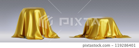 Round podium under golden satin drapery. 119286401