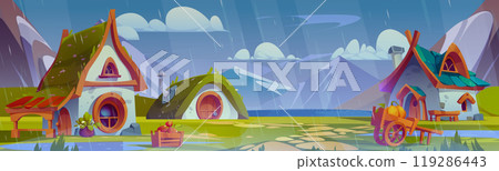 Rain village scene with cute fantasy dwarf house 119286443