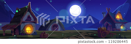 Night village scene with cute fantasy dwarf house 119286445