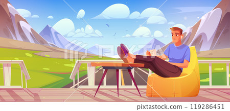 Man sitting on terrace with road and mountain view Man sitting on terrace with road and mountain view 119286451