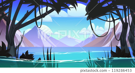 Mountain landscape with river, flooded forest 119286453