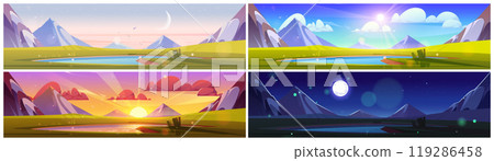 Mountain lake landscape in morning, sunset, night 119286458