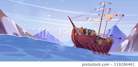 Cartoon viking ship floating in stormy sea Cartoon viking ship floating in stormy sea 119286461