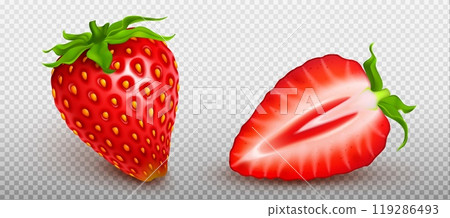Realistic set of whole and cut half strawberries Realistic set of whole and cut half strawberries 119286493
