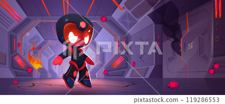 Evil robot in space ship with fire and flame Evil robot in space ship with fire and flame 119286553