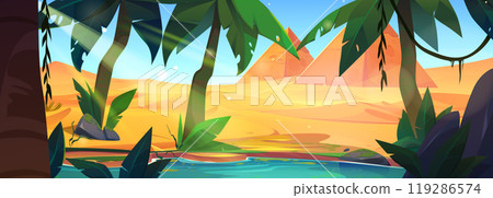 Lake in sandy desert with ancient pyramids 119286574