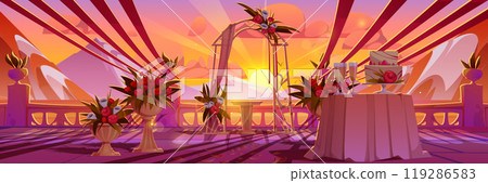 Wedding ceremony scene near mountain lake 119286583