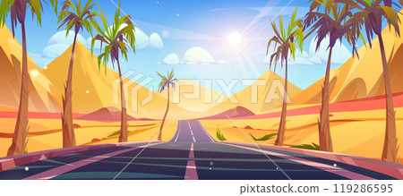 Sand desert road view palm tree landscape scene 119286595