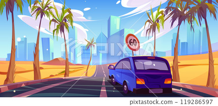 Car on desert road, vector highway skyline view. Car on desert road, vector highway skyline view. 119286597