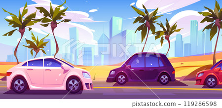 Car on desert road, vector highway skyline view. 119286598