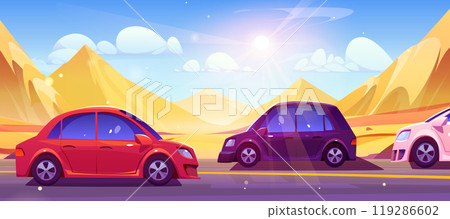 Car drive asphalt highway trip in desert vector Car drive asphalt highway trip in desert vector 119286602