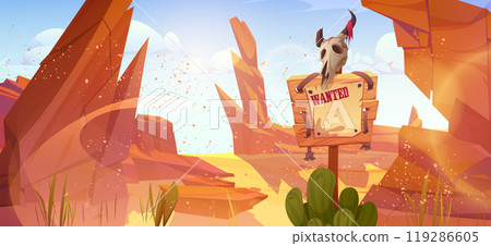 Western desert cowboy wanted sign vector landscape 119286605