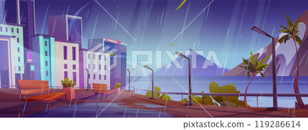 Rainy city embankment, bench on street near river Rainy city embankment, bench on street near river 119286614