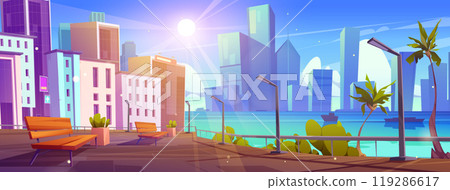 Empty tropical urban embankment, city skyline 119286617