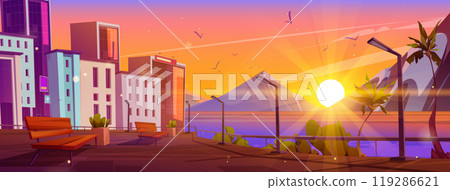 Empty tropical urban embankment, sunset skyline 119286621