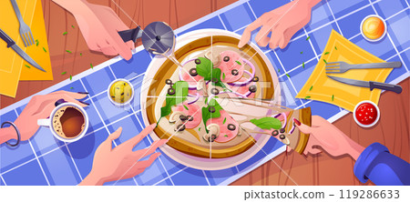 Pizza top view on table with dip sauce vector 119286633