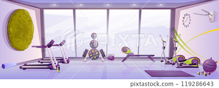 Vector gym room interior with fitness equipment Vector gym room interior with fitness equipment 119286643