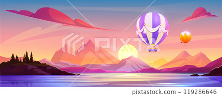 Hot air balloons flying above river and mountains 119286646