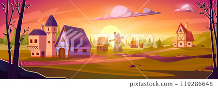 Cartoon medieval town at sunset 119286648