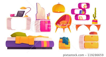 Girl bedroom interior with bed, laptop on desk 119286659