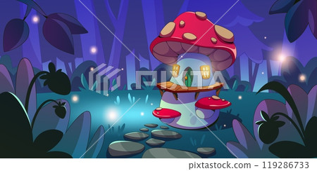 Gnome mushroom houses in night forest 119286733
