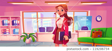 Young woman standing in bank office interior. Young woman standing in bank office interior. 119286734
