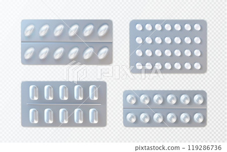Pills and capsules in foil blister pack mockup. 119286736