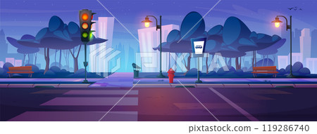 Dark night city street sidewalk near public park 119286740