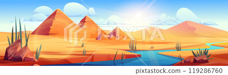 Cartoon desert with ancient pyramids and river Cartoon desert with ancient pyramids and river 119286760
