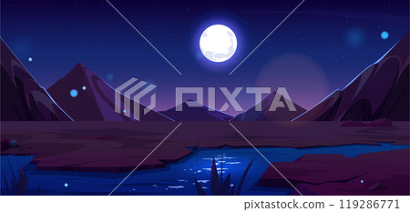 River flowing in night Sahara desert, sand dune 119286771