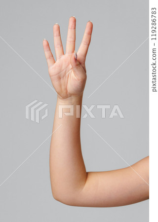 A hand raised with four fingers showing toward a neutral background 119286783