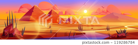 Pyramid in egypt desert oasis sunset landscape 119286784
