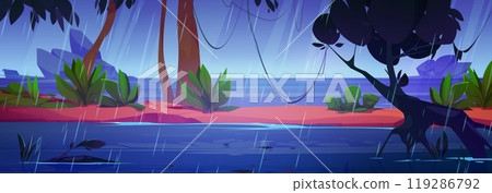 Rain in jungle forest with river vector landscape 119286792