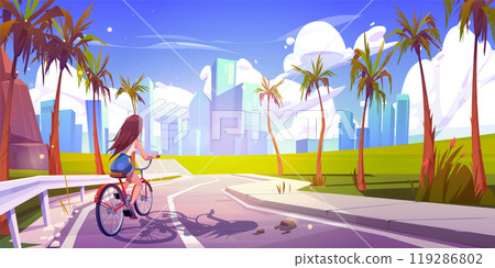 Girl on bicycle ride on street to city background 119286802