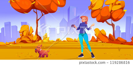 Young woman walking dog in autumn park Young woman walking dog in autumn park 119286816