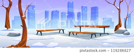 Snowy winter in urban park 119286827