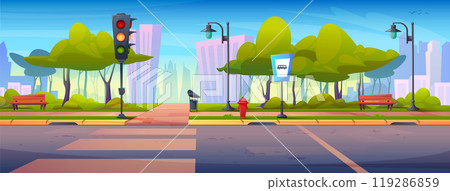 City street with road crossing and green park City street with road crossing and green park 119286859