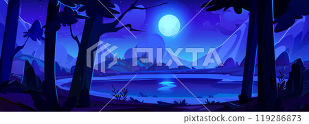 Cartoon night dark landscape with lake in forest 119286873