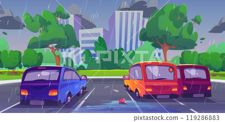 Cars standing on parking lot in city in rain. 119286883