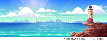 Lighthouse on island cliff sea coast illustration 119286908