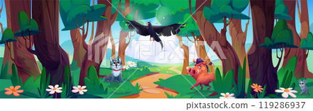Cartoon forest landscape with happy wild animals Cartoon forest landscape with happy wild animals 119286937
