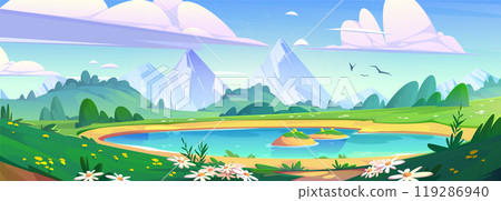 Spring mountain landscape with lake and flowers 119286940