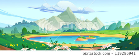 Spring mountain landscape with lake and flowers 119286941