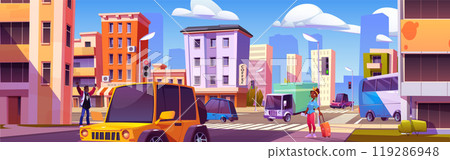 Cartoon city street traffic and pedestrians 119286948
